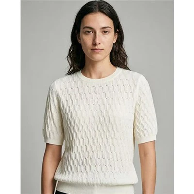 Top cu mânecă scurtă din tricot texturat alb